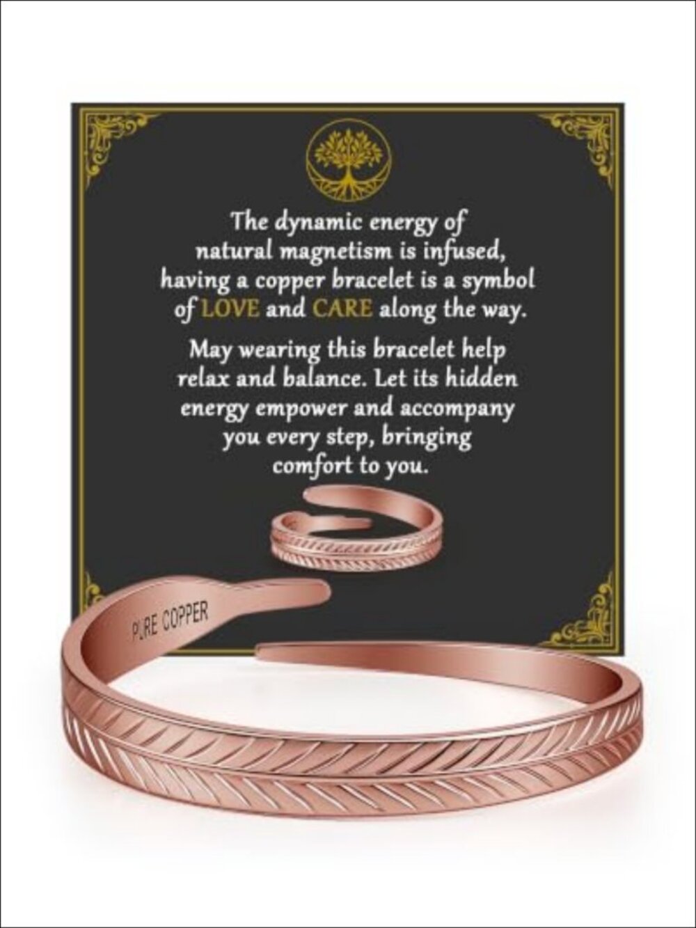 99.9% Pure Copper Adjustable Leaf Bracelet & Ring Set Hypoallergenic Gift
